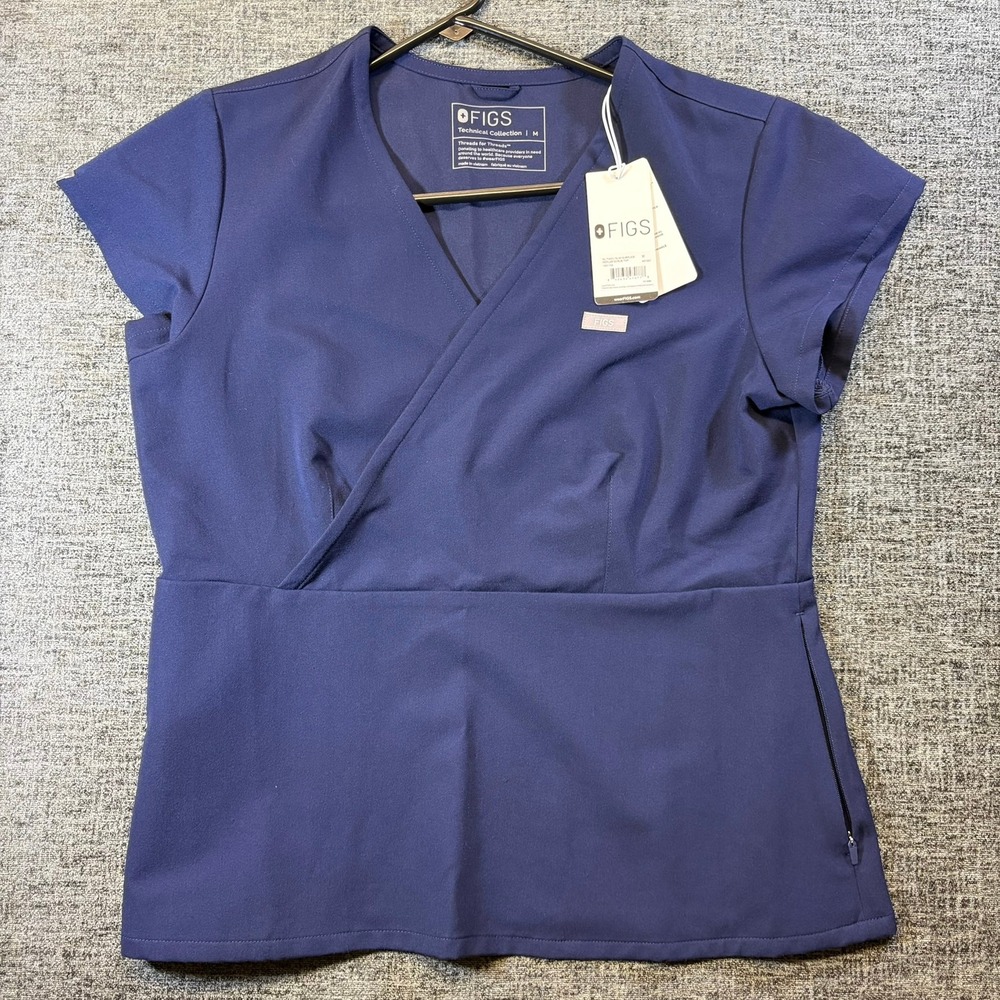 FIGS Tivoli Peplum Scrub Top Womens Medium Navy Blue Surplice V-Neck 1001158
